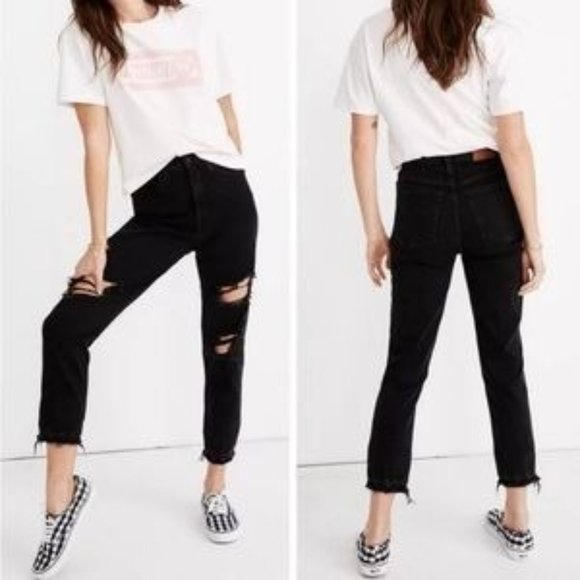 Madewell Denim - Madewell The Mom Jean Black Distressed Raw Hem Jeans, 28